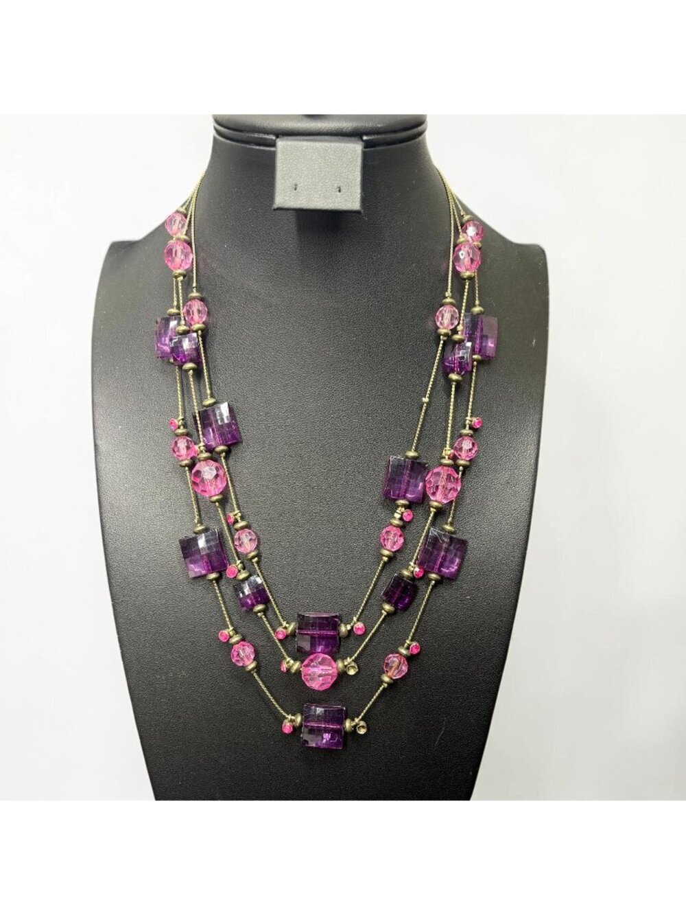 Y2K Pink Purple Multi Strand Statement Necklace McBling Barbiecore Glam 18"L